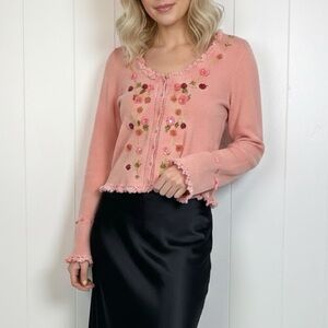 Betsey Johnson Vintage Pink Knit Cardigan Floral Embroidered Sweater whimsy sm